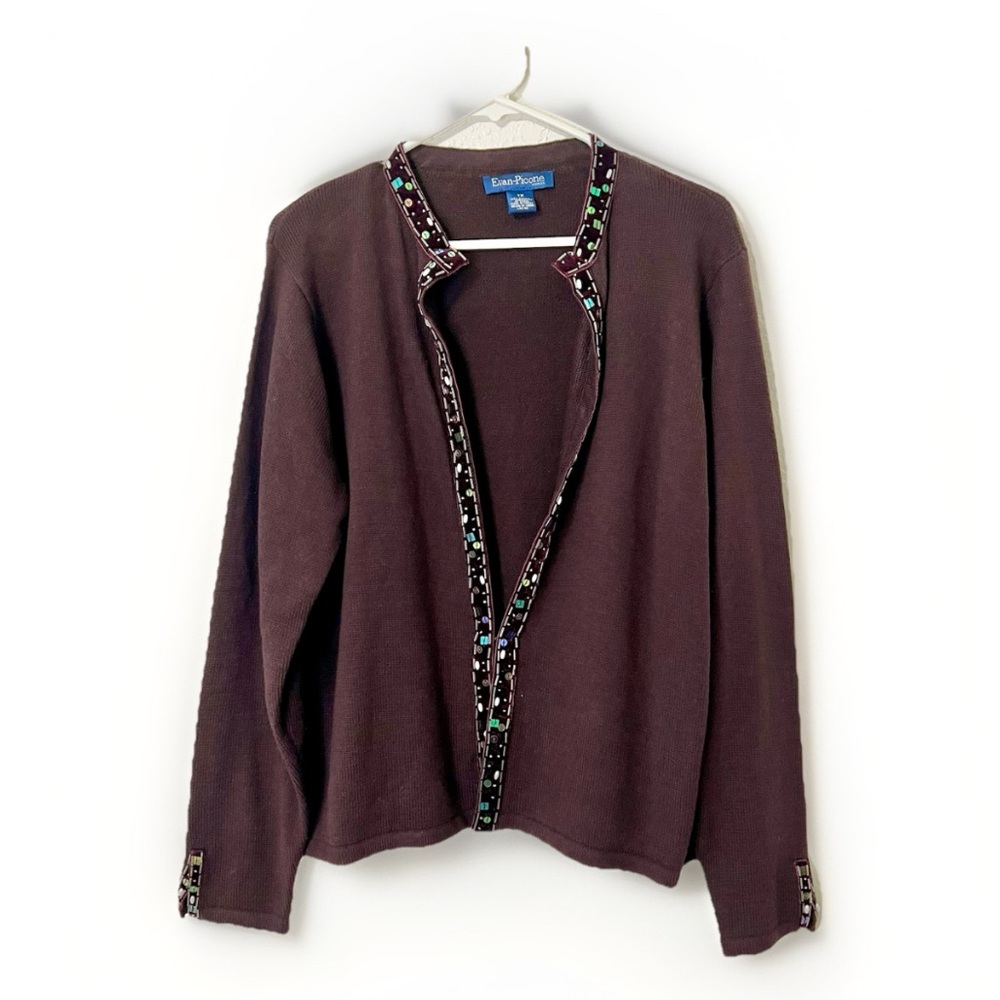 Evan Picone Women's 1X Cardigan, Purple With Beaded Accents‎